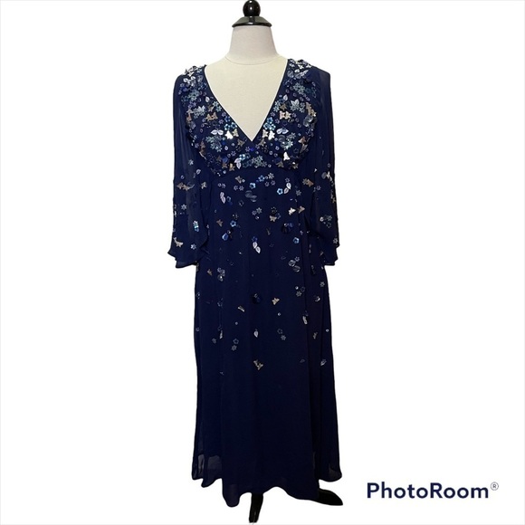 ASOS Navy Blue Floral Embellished Kimono Sleeve Plunge Front Midi Dress … - Picture 1 of 10